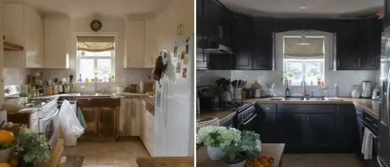 Split image showing a kitchen before and after renovation; the left side has worn white cabinets and cluttered counters, while the right side features sleek black cabinets, updated fixtures, and a refreshed design.