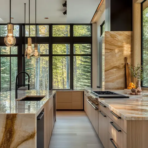 Luxury modern kitchen with marble countertops, natural wood cabinetry, and floor-to-ceiling windows overlooking a forest.