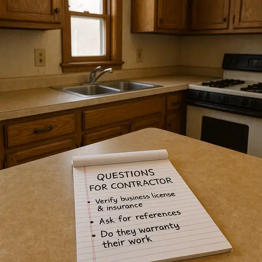 Outdated kitchen with notepad listing key questions to ask a contractor.