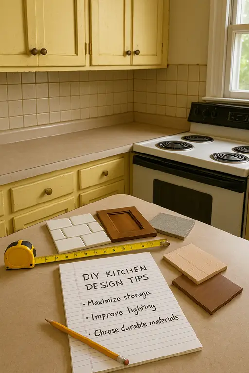 Outdated kitchen with yellow painted cabinets, old stove, and DIY renovation planning materials on countertop.