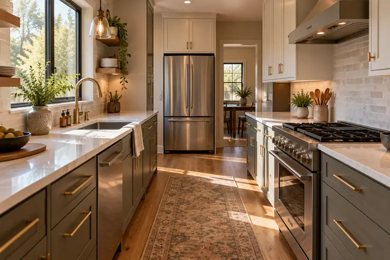 A galley kitchen layout showing the short distance between the sink, range, and refrigerator.