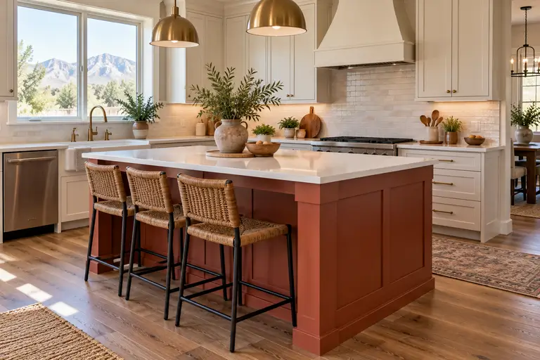 A kitchen island painted deep terracotta next to pale countertops and lighter upper cabinets.