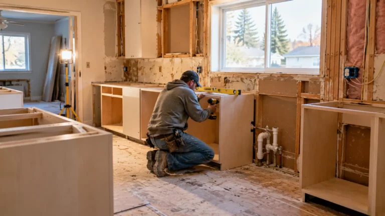 A contractor installs a kitchen cabinet in a partially renovated kitchen with existing plumbing left in place.