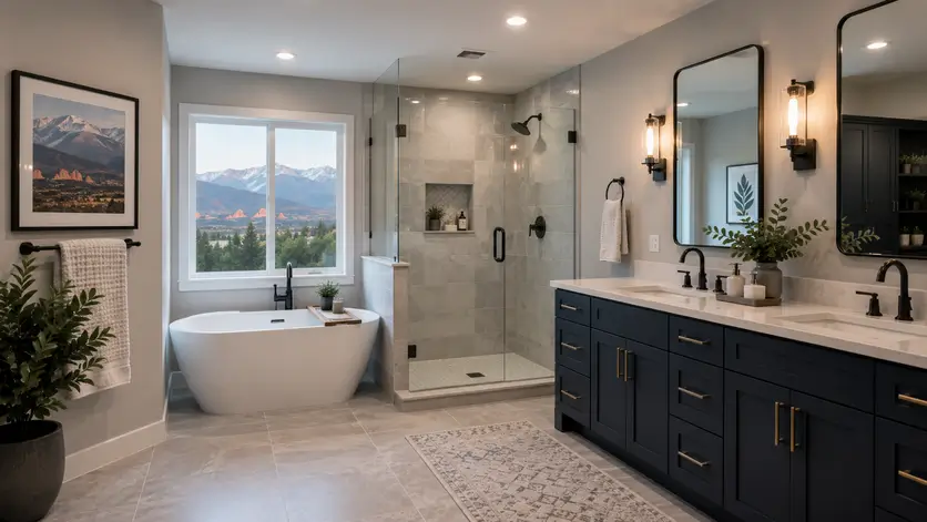 Modern luxury bathroom remodel featuring a navy-blue double vanity, quartz countertops, glass walk-in shower, freestanding soaking tub, and mountain views.