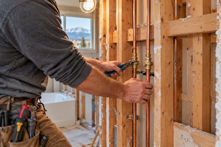 Exposed plumbing lines inside an open bathroom wall during the rough-in stage of a remodel.