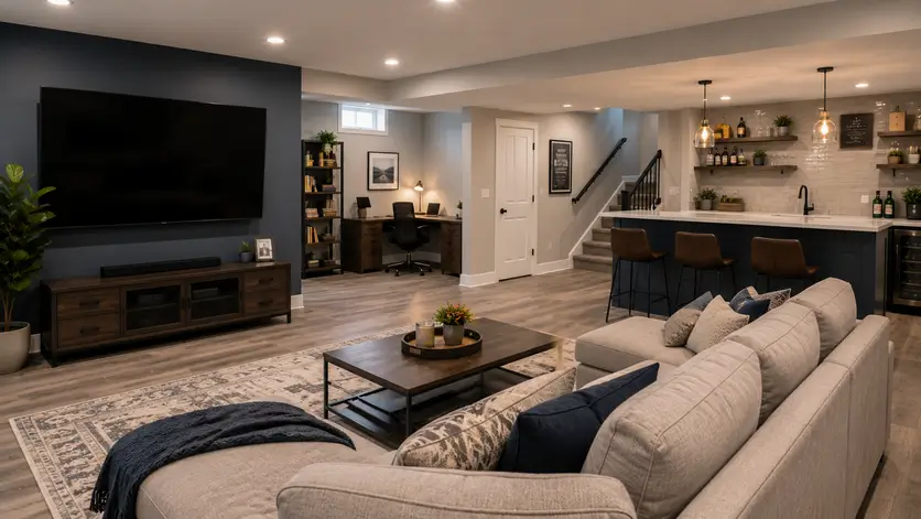 Finished basement featuring a comfortable living room with a large wall-mounted flat-screen TV, spacious sectional sofa, dedicated study area with desk and shelving, and a modern wet bar with seating. The open-concept space includes contemporary finishes, recessed lighting, luxury vinyl flooring, and neutral décor, creating a functional and inviting entertainment and work area.