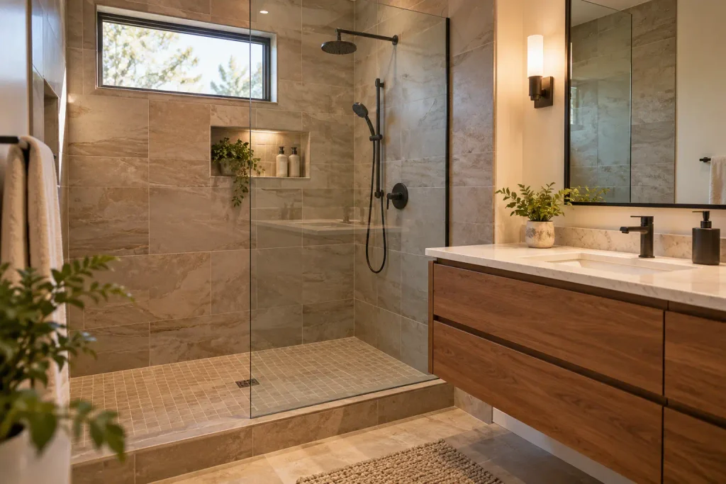 A finished tiled shower and vanity in a newly completed bathroom addition