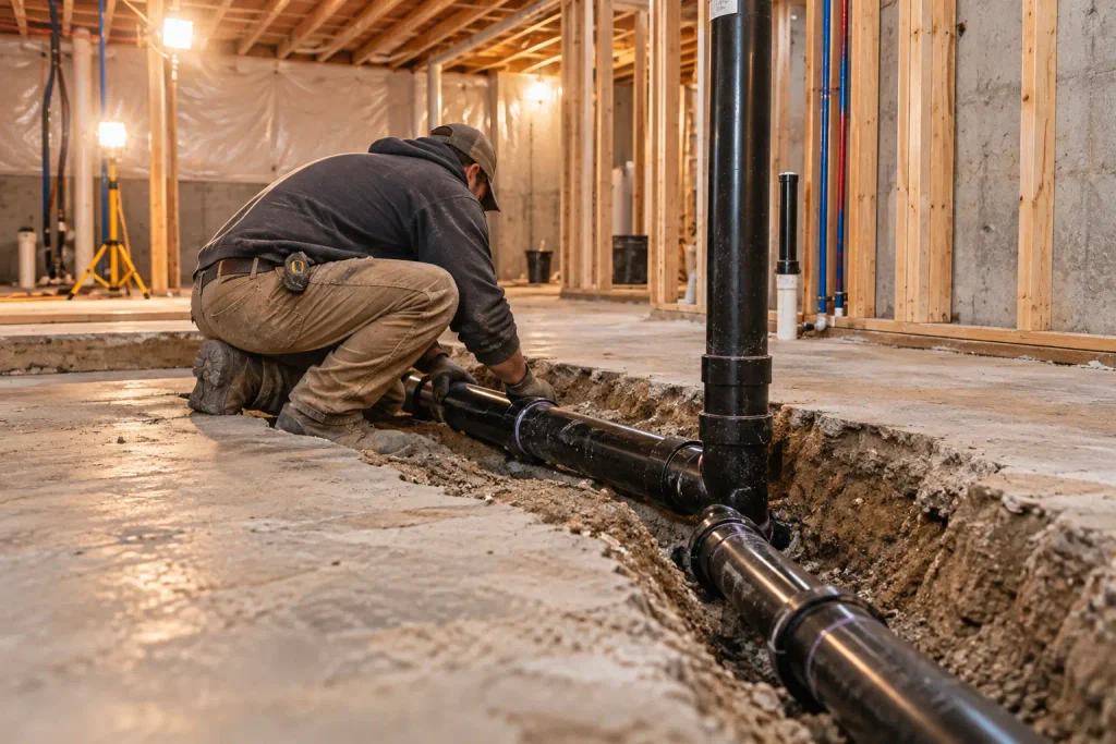 A basement floor trenched open to install drain plumbing for a new bathroom addition