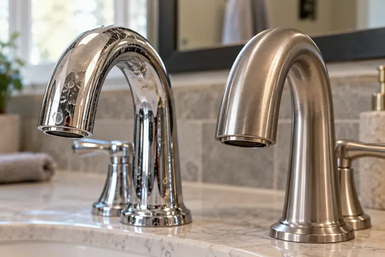 Dried water spots stand out clearly on a polished chrome faucet but are barely visible on a brushed nickel faucet beside it.
