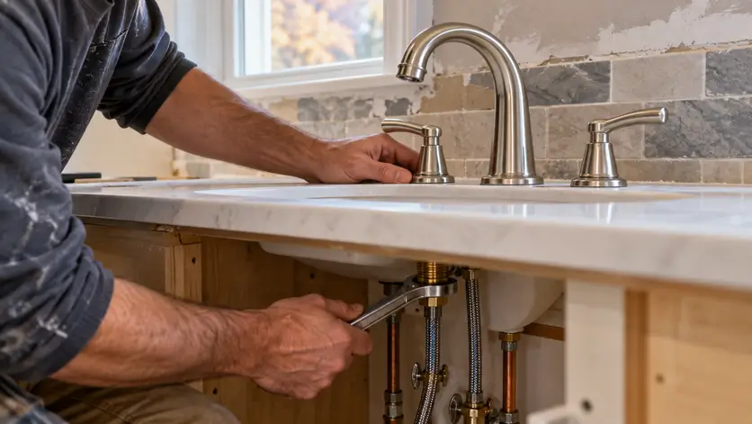 A contractor tightens the base of a brushed nickel bathroom faucet during installation at a vanity sink.
