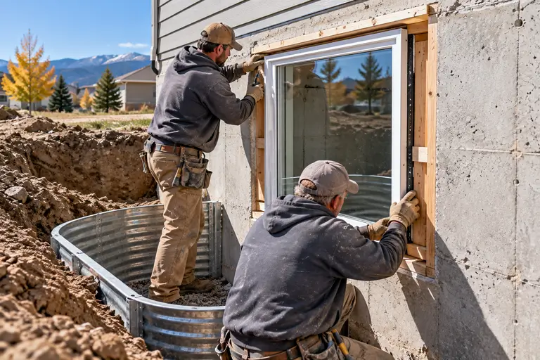Workers install a casement egress window into a framed basement foundation opening above a partially dug window well.