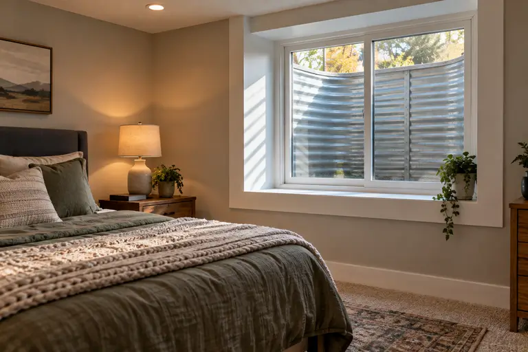 A finished basement bedroom shows a trimmed egress window letting in daylight through the exterior well.