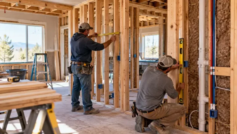 A remodeling crew works inside a gutted room during a home renovation.