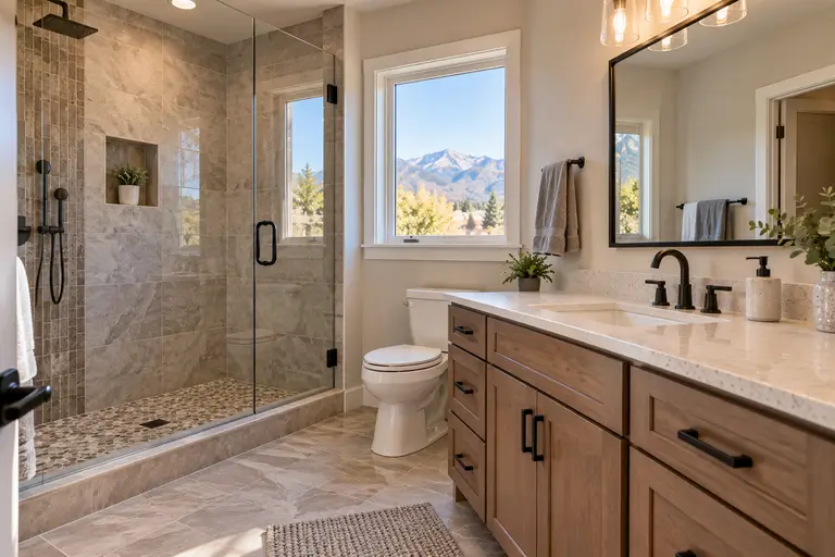 A completed bathroom remodel with new tile, vanity, and fixtures.