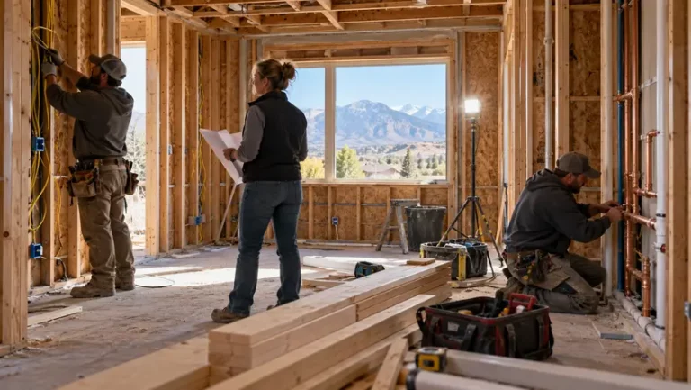 A contractor crew installs plumbing and wiring inside a home with the walls opened to the studs.