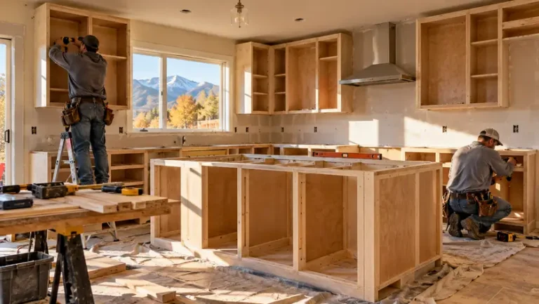 A remodeling crew working inside a partially renovated home kitchen.