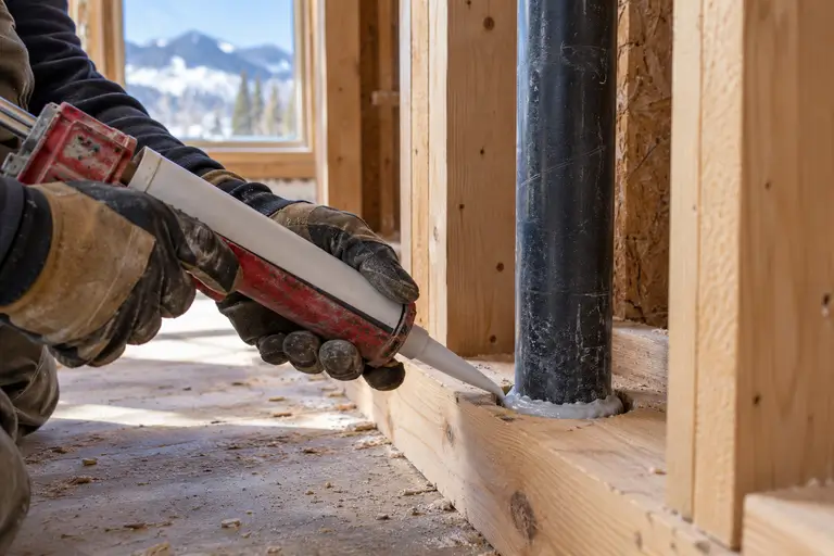A worker seals gaps around pipes in an open wall cavity before the drywall is closed up.