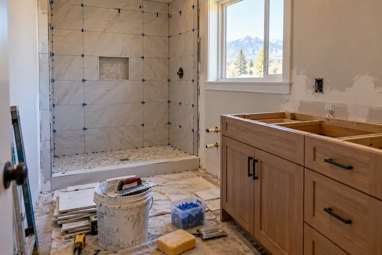 A small bathroom partway through renovation with new tile going up and a vanity waiting to be installed.
